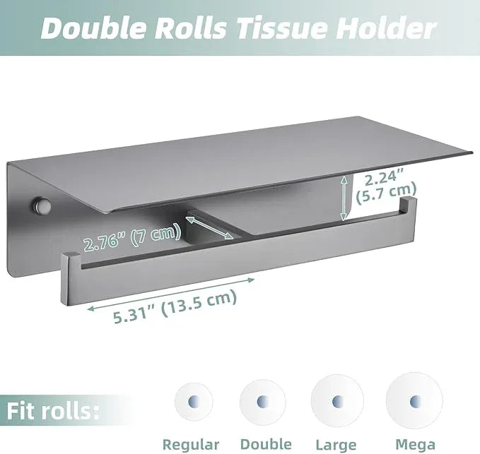 APLusee Gunmetal Gray Double Toilet Paper Holder with Shelf, 304 Stainless Steel Bathroom Tissue Roll Holder, Wall Mounted Paper Dispenser for Bathroom Kitchen, Fits Mega Rolls - ModernBath