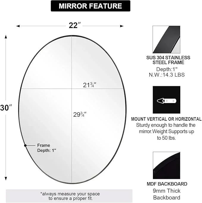 ANDY STAR Black Oval Mirrors for Bathroom, 22x30 Inch Matte Black Stainless Steel Metal Framed Oval Wall Mirror, Modern Vanity Mirror Wall Mount Horizontal or Vertical - ModernBath