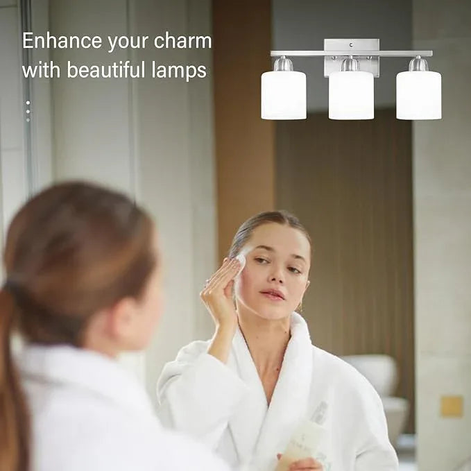 Brushed Nickel Bathroom Light Fixture, 3 Light Vanity Lights for Bathroom, Bath Lights with Milky White Frosted Glass Shades, E26 Socket - ModernBath