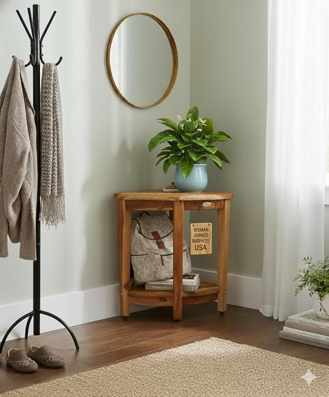 EcoDecors 24" Extended Height Snazzy Corner Natural Color Waterproof Teak Wood Shower Bench Stool Seat Chair for Inside Shower Storage Shelf Provides Safety and Storage for Bathroom Accessories - ModernBath