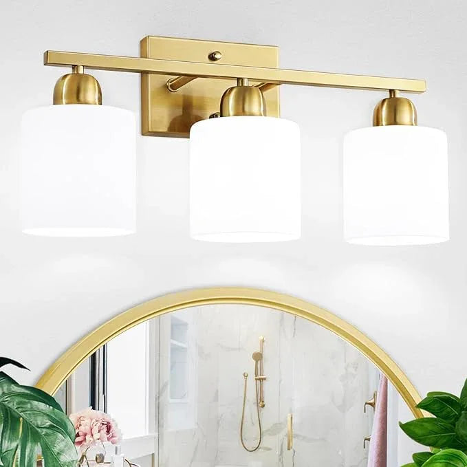 3 Light Gold Bathroom Light Fixtures, Modern Bathroom Vanity Lights with Milky White Frosted Glass Shades, Gold Vanity Mirror with Lights for Mirror Living Room E26 Base - ModernBath