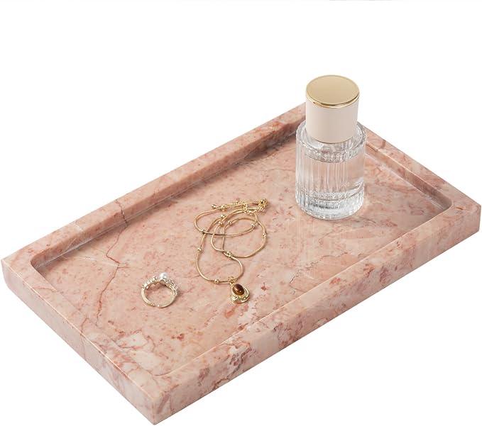 Natural Marble Rectangular Tray 10x6 Inch - Cream Rose Vanity Organizer for Bathroom, Coffee Table & Kitchen - Weighted Base - ModernBath