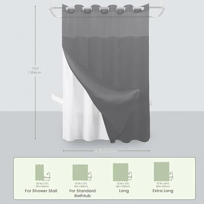 Inhousolu Stall No Hook Shower Curtain with Snap in Fabric Liner Set Waffle Weave 230GSM Weighted Hem, Waterproof & Washable Bathroom Curtain Spa Luxury with Mesh Top Window 36" W x 72" L Grey - ModernBath