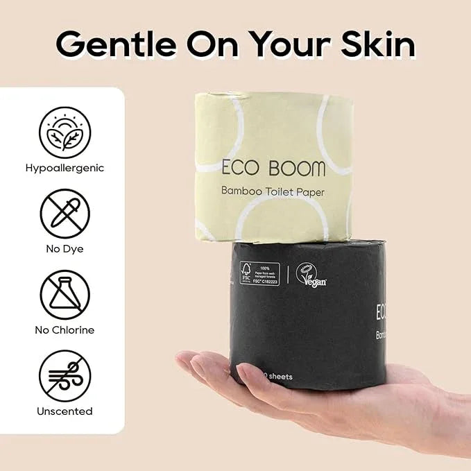 ECO BOOM Unbleached Bamboo Toilet Paper, 100% Tree-Free & Plastic-Free, 3-Ply Strong, FSC Certified, Unscented, 9 Rolls, 360 Sheets | PFAS Free, BPA Free & Septic Safe - ModernBath
