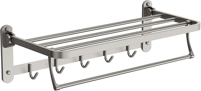 Bathroom Towel Rack with Storage Shelf and 5 Hooks, 23.6 in Foldable Towel Shelf Bar, Wall Mounted Lavatory Organizer,Brushed Nickel - ModernBath
