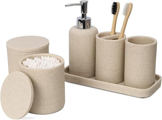 ZCCZ Beige Bathroom Accessories Set 6 Pieces - Toothbrush Holder, Lotion Dispenser, Qtip Container, Vanity Tray, Tumbler - Countertop Organizer for Bathrooms - Elegant and Functional Décor Set - ModernBath