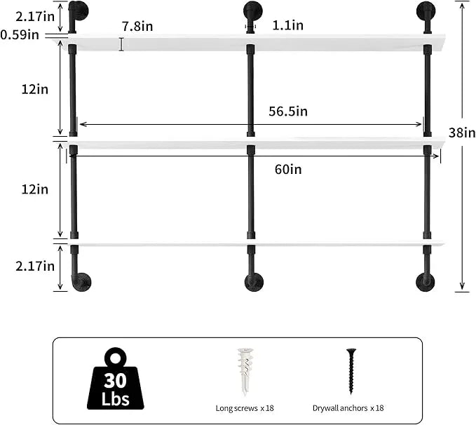 3-Tier Industrial Pipe Floating Shelf – Rustic 60 inch Wood Wall-Mounted Storage Shelf for Kitchen Office,Bathroom & Home Decor -White - ModernBath