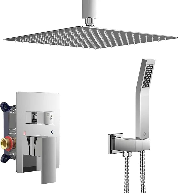 FORIOUS Shower Head System, 12 Inch Rain Shower Faucet Set with Handheld Spray Combo Rough-in Valve, Solid Brass Pressure Balanced Valve Trim Kit, Ceiling Mount, Chrome - ModernBath