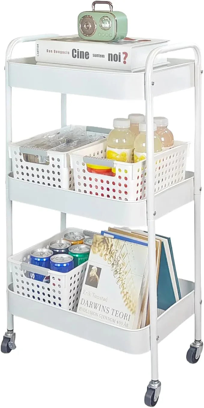 Metal 3 Tier Rolling Cart with Wheels for Kitchen Storage & Laundry Room Organization, Bedside Cart with Handle and 4 Hooks, Versatile Large Capacity Art & Craft Storage Organizer, White - ModernBath