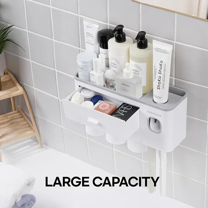 HubiCare Toothbrush Holder with Toothpaste Dispenser Wall Mounted for Bathroom, Automatic Toothpaste Squeezer, Bathroom Organization and Storage, 5 Toothbrush Slots (3 Cups) - ModernBath