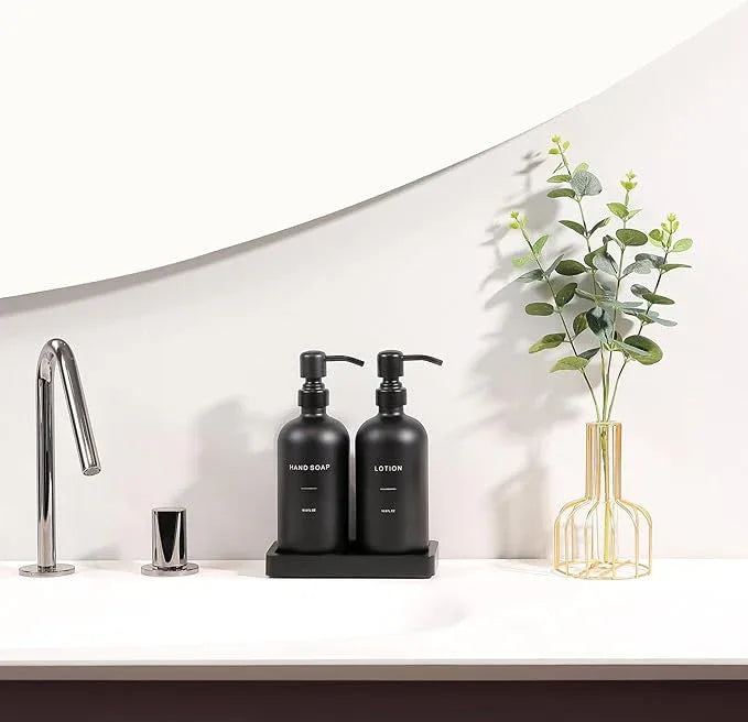 Prus Waso Black Soap Dispenser Bathroom Set, Soap and Lotion Dispenser Set with Stainless Steel Pump, Perfect for Bathroom Decor. (Black) - ModernBath