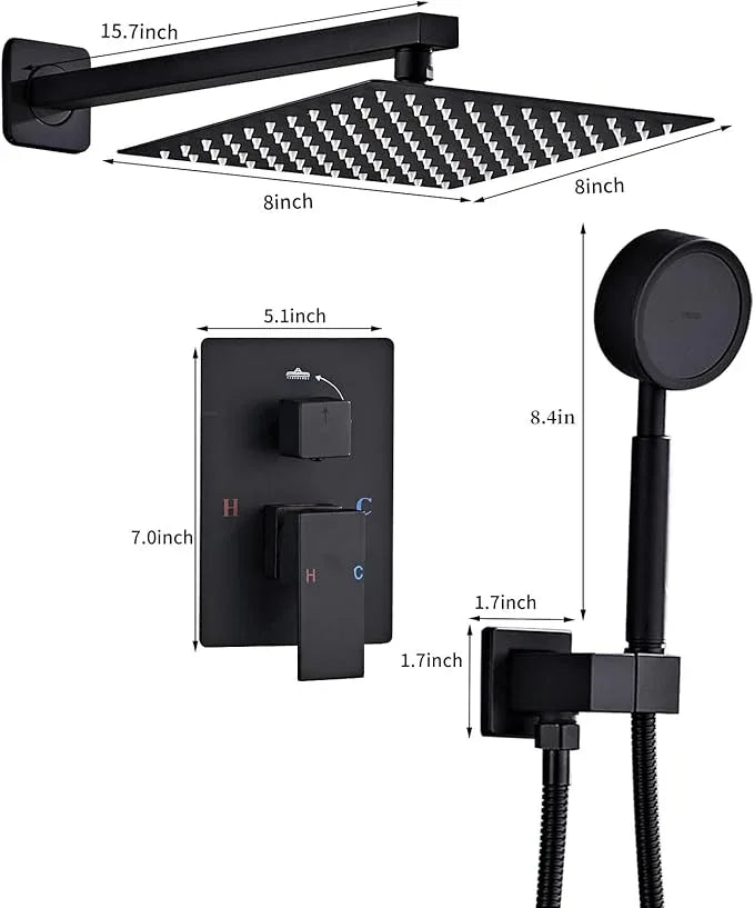 RTTWYYUU Matte Black Rainfall Shower Head, Wall Mounted 8 Inch Shower Heads with Handheld Spray Combo, Luxury Bathroom Square Rain Shower System, Solid Brass Pressure Balancd Shower Faucet Valve - ModernBath