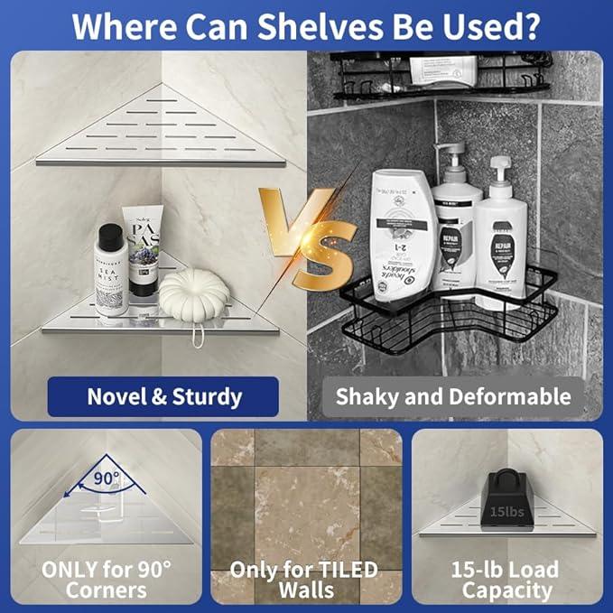 Corner Shower Shelf 10" Polished 304 Stainless Steel Recessed Corner Shelves with Slot Design Bathroom Grout in Shelf for Tiled Wall, 2 Pack - ModernBath