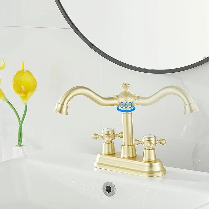 GGStudy Bathroom Faucet Brushed Gold 2 Handles 4 Inches Centerset Bathroom Vanity with Drain Assembly and Supply Hose Lavatory Faucet - ModernBath