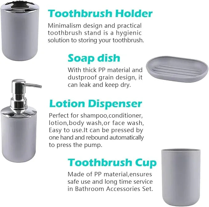 Papillon Bathroom Accessories - 6 Piece Plastic Gift Toothbrush Holder,Toothbrush Cup,Soap Dispenser & Dish,Toilet Brush Holder,Trash Can,Tumbler Straw Set (Gray) - ModernBath