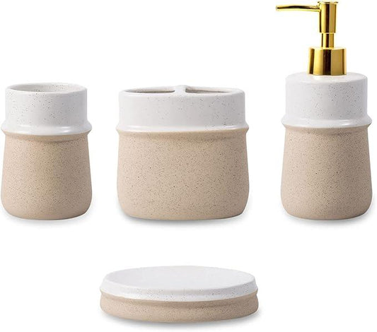 Bathroom Accessories Set,Farmhouse Bathroom Decor,4 Pcs Ceramic Gift Set Apartment Necessities, Contain Toothbrush Cup,Soap Dispenser,Soap Dish,Tumbler,Beige - ModernBath