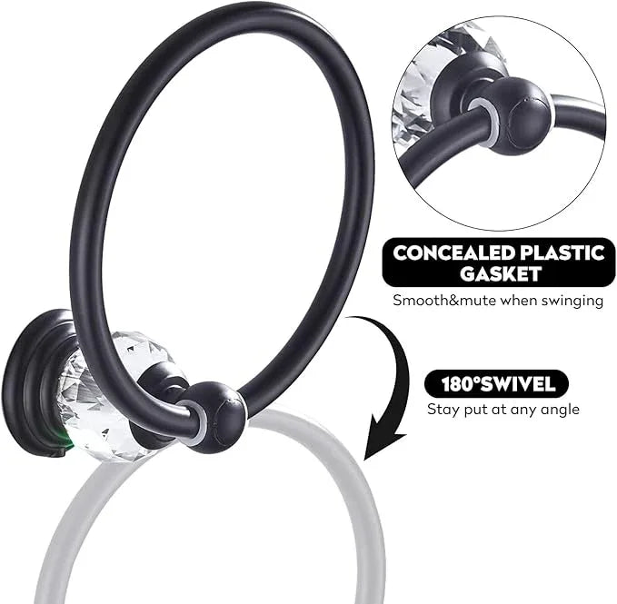 WINCASE Crystal Towel Ring, Black Hand Towel Holder, Bathroom Round Towel Hanger Racks Wall Mount Matte Black - ModernBath