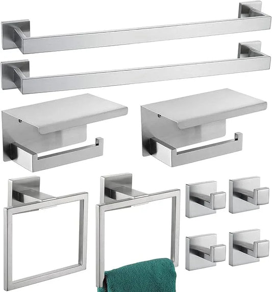 Bathroom Hardware Set 10 Piece Brushed Nickel Bathroom Accessories Set SUS304 Towel Bar Set Includes 2 Towel Bar 24 Inch+2 Towel Holder+2 Toilet Paper Holder+4 Towel Hooks (10, Brushed Nickel) - ModernBath