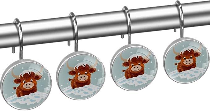 Cartoon Snow Highland Calf Shower Curtain Hooks Rings, Stainless Steel Rust Proof Shower Curtain Hooks, Decorative Shower Hooks for Bathroom Shower Rods Curtains, Set of 12 - ModernBath
