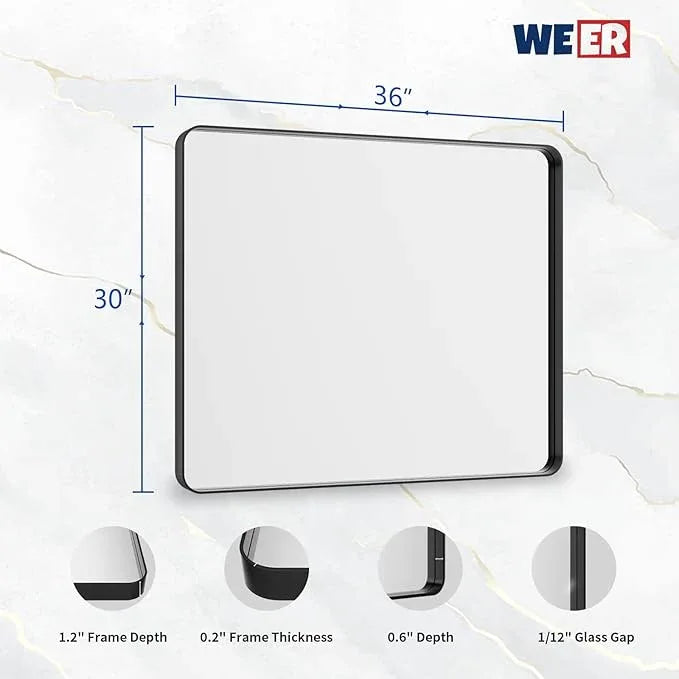 WEER 36X30 Inch Black Metal Framed Bathroom Mirror, Matte Black Bathroom Vanity Mirror, Rectangular Black Wall Mirror for Bathroom, Tempered Glass, Rounded Corner, Hangs Horizontal or Vertical - ModernBath