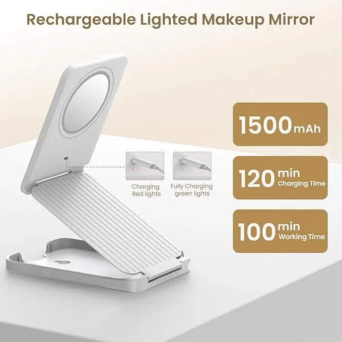 LAMPICK Travel Makeup Mirror with Lights, Foldable 1X Vanity Lighted Mirror with 10X Magnification, Rechargeable 1500mAh, Dimmable Touch Screen, Freely Adjust Height and Angle - ModernBath