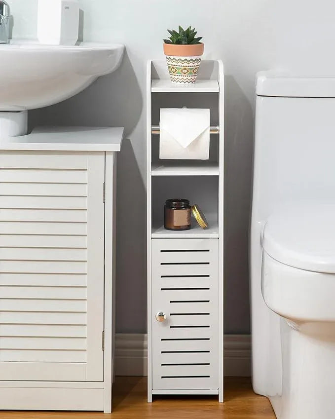 AOJEZOR Toilet Paper Holder Stand: No Drill PVC Small Bathroom Cabinet for Apartment Dwellers - Rental Deposit Protection - Small Space Storage Saving - ModernBath