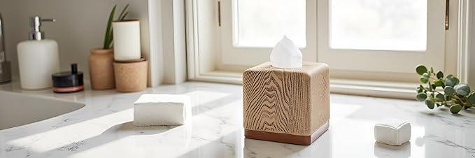 Hymmah Wooden Texture Square Tissue Box Cover Cube Tissue Holder Unique Design Klenex Box Dispenser for Bathroom Vanity Counter Tops Also Great for Bedrooms and Living Rooms - ModernBath