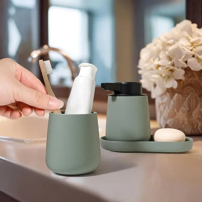 INGOFIN Automatic Ceramic Bathroom Accessory Set - 3 Pcs Auto Liquid Soap Dispenser Touchless, Toothbrush Holder & Tray, Smart Electric Bathroom Counter Set for Home, Guest Room, or Office, Green - ModernBath