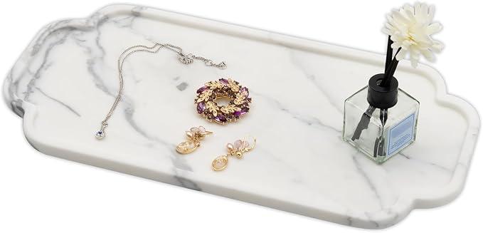 Marmor Real Natural Marble Bathroom Tray for Perfume, Candles, Jewelry Stone Vanity, Bathroom & Kitchen Counter Organizer and Home Decor (Statuario White(15.74 * 7.87 * 0.7)) - ModernBath