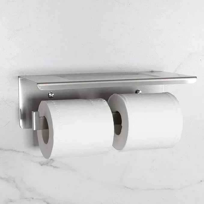Bathroom Toilet Paper Holder with Shelf, Stainless Steel Double Roll Toilet Tissue Holder Dual Wall Mounted for Mobile Phone Storage, Brushed Finish - ModernBath