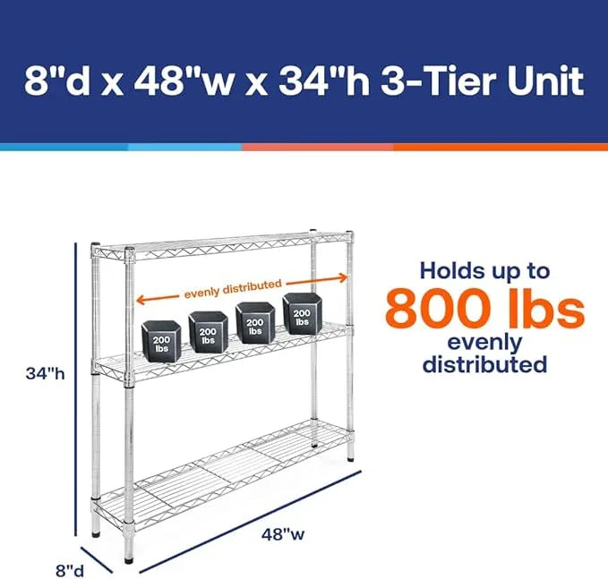 Shelving Inc. 8" d x 48" w Chrome Wire Shelving with 3 Tier Shelves, Weight Capacity 800lbs Per Shelf - ModernBath