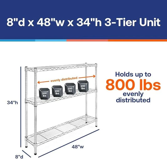 Shelving Inc. 8" d x 48" w Chrome Wire Shelving with 3 Tier Shelves, Weight Capacity 800lbs Per Shelf - ModernBath