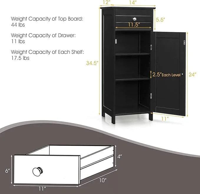 HAPPYGRILL Bathroom Floor Cabinet, Single Door Floor Storage Cabinet Organizer with Drawer and 3-Level Adjustable Shelves, Bathroom Cabinets Freestanding with Anti-Tipping Device for Living Room - ModernBath