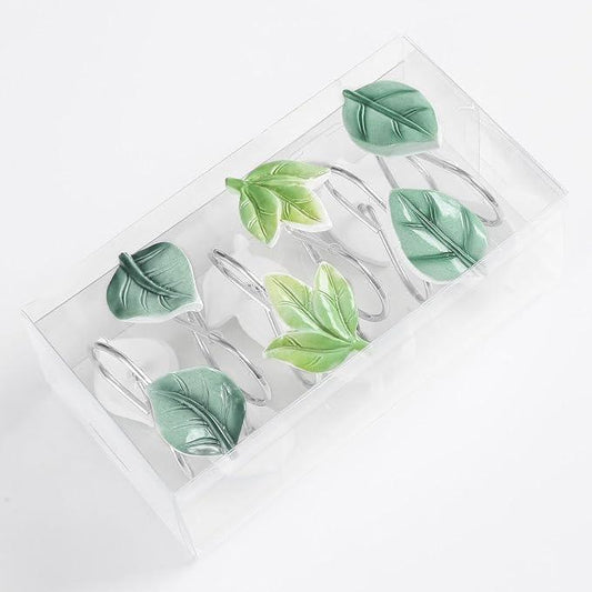 Gibelle 12PCS Leaves Shower Curtain Hooks, Green Plant Decorative Leaf Shower Curtain Hooks Metal Rustproof Cute Eucalyptus Shower Curtain Rings Bathroom Decoration Accessories - ModernBath