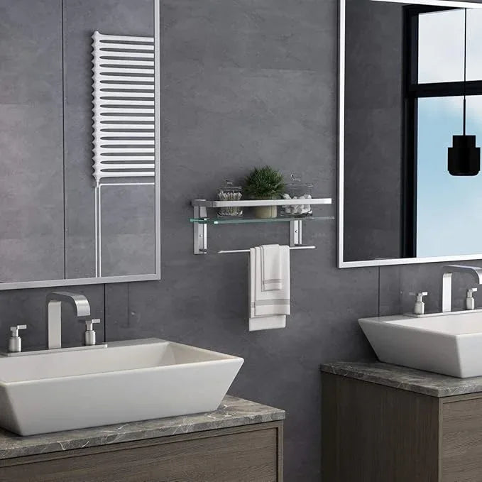 VOLPONE Glass Shelf with Towel Bar 15.7in Silver Bathroom Shelf Wall Mount Rustproof Bathroom Wall Organizer 1 Tier (Silver) - ModernBath