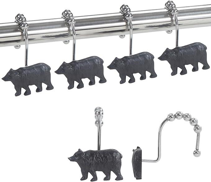 Decorative Forest Animal Shower Hooks, 12-Pack Bear Design with Smooth Gliding Rings, Rust-Proof for Bathroom Bedroom Living Room Decor - ModernBath