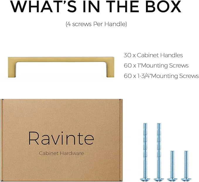 Ravinte 30 Pack Solid 5 Inch Square Cabinet Handles - Brushed Brass Drawer Pulls - Kitchen Hardware and Handles - ModernBath