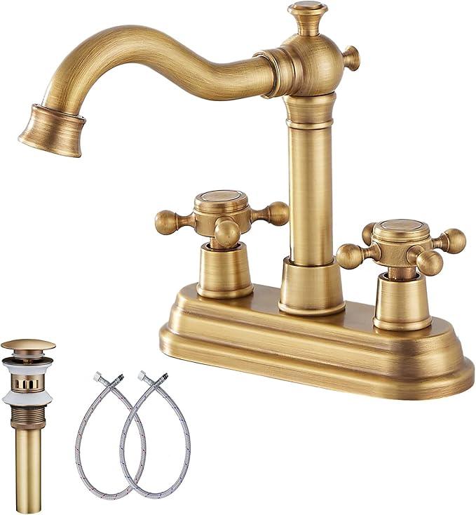 Bathroom Faucet Antique Brass GGStudy 2 Handles 4 Inches Centerset Bathroom Vanity with Drain Assembly and Supply Hose Lavatory Faucet Mixer Double Handle Tap - ModernBath