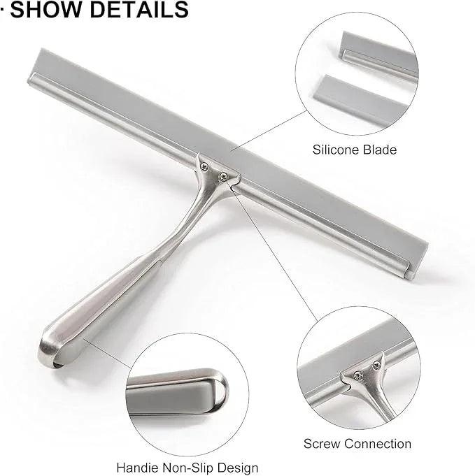 Shower Squeegee for Shower Doors 10 Inch Bathroom Squeegee for Windows,Kitchen,Mirror and Car Glass, Stainless Steel with Adhesive Hook - ModernBath
