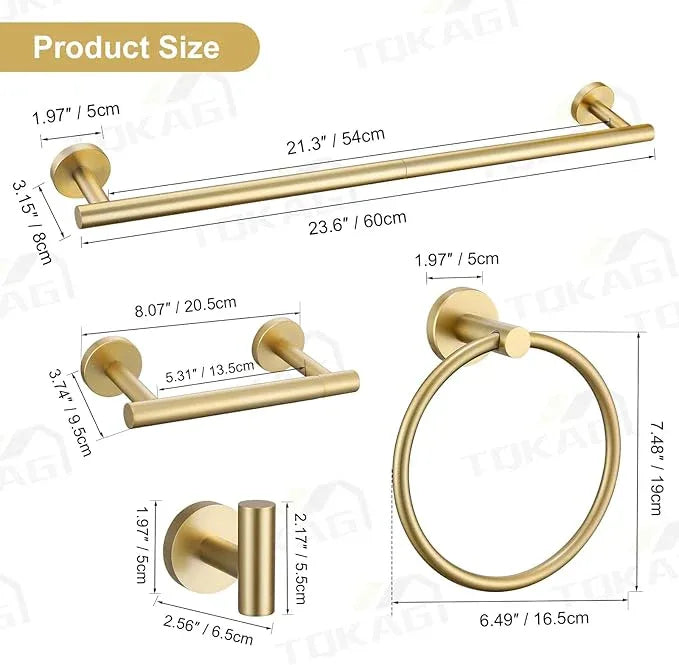 TQKAG 8-Pieces Bathroom Hardware Set Brushed Gold SUS304 Stainless Steel Bath Towel Bar Set 23.6 Inch Round Bathroom Accessories Kit Wall Mounted - ModernBath