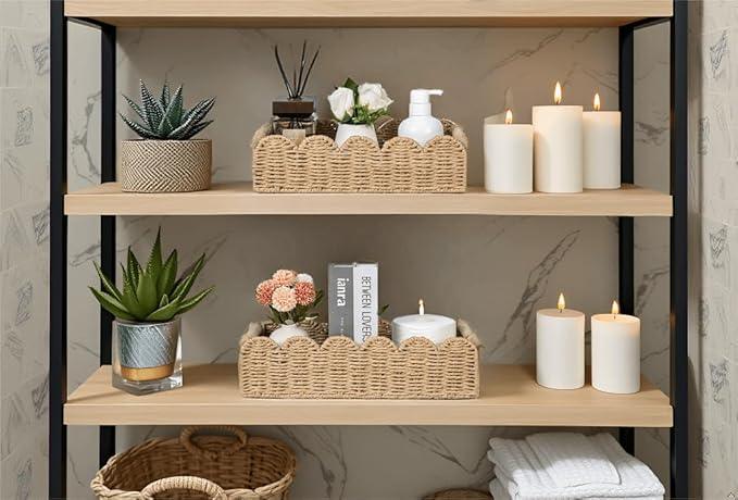 CubesLand Decorative Toilet Paper Storage Basket, Modern Farmhouse Home Decor Basket for Organizing, Scalloped Pantry Baskets for Shelves, Countertop, Living Room, w/Wood Handles, Beige 2 Sizes - ModernBath