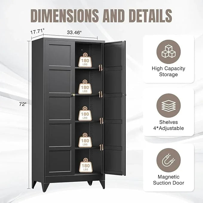 Yizosh Metal Pantry Cabinet,- 72" Black Kitchen Pantry Storage Cabinet with Doos and Adjustable Shelves for Kitchen, Living Room,Dining Room,Home - ModernBath