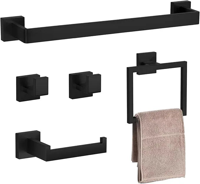 5-Pieces Matte Black Bathroom Accessories Set, 23.6 Inch Bath Towel Bar Set, SUS 304 Stainless Steel Bathroom Hardware Set, Towel Racks for Bathroom Wall Mounted. - ModernBath