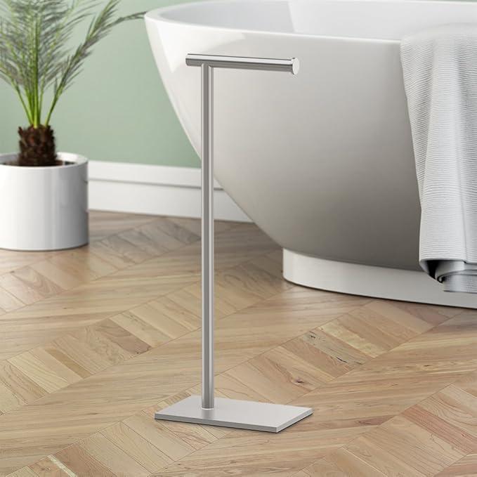 Gatco 1431SN, Modern Rectangle Base Freestanding Toilet Paper Holder, 22.25”, Satin Nickel/Free Standing Toilet Tissue Holder Stand with Weighted Base - ModernBath