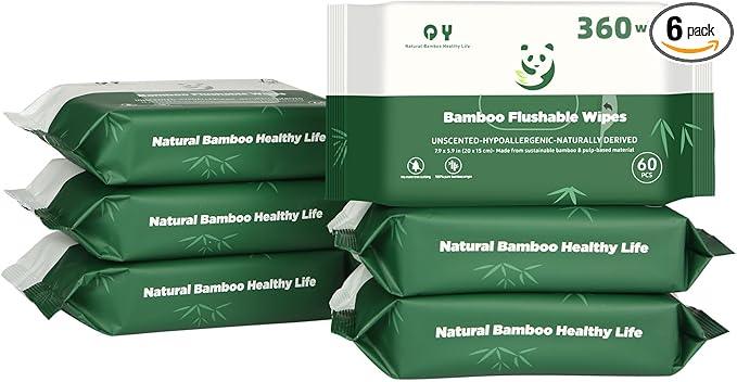 QingYa Bamboo Flushable Wipes,Septic Safe,Soft, Soothing Botanicals & Aloe, Unscented,Eco Friendly, Natural Brown Bamboo-Pulp Based Flusable Wipes for Women/kids/Adults 360Count (6 Packs of 60) - ModernBath