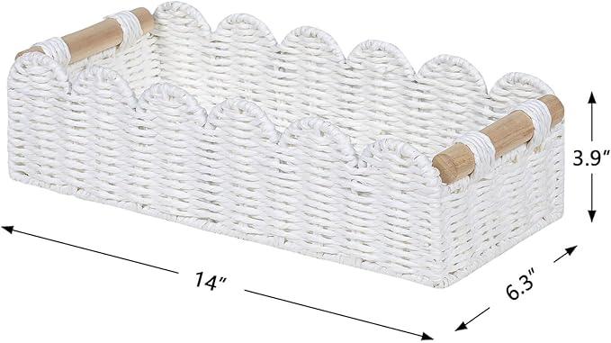CubesLand Scalloped Edge Toilet Paper Storage Basket, Living Room Home Cozy Decor Basket, Paper Rope Small Baskets for Over Toilet Storage Shelf, End Table, Shelves, with 2 Wooden Handles, White - ModernBath