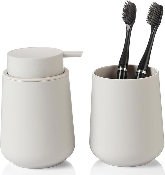 YAUKPH Matte Beige Bathroom Accessories 2 Piece Set Plastic Soap Dispenser and Toothbrush Holder for Modern Bathroom Decor