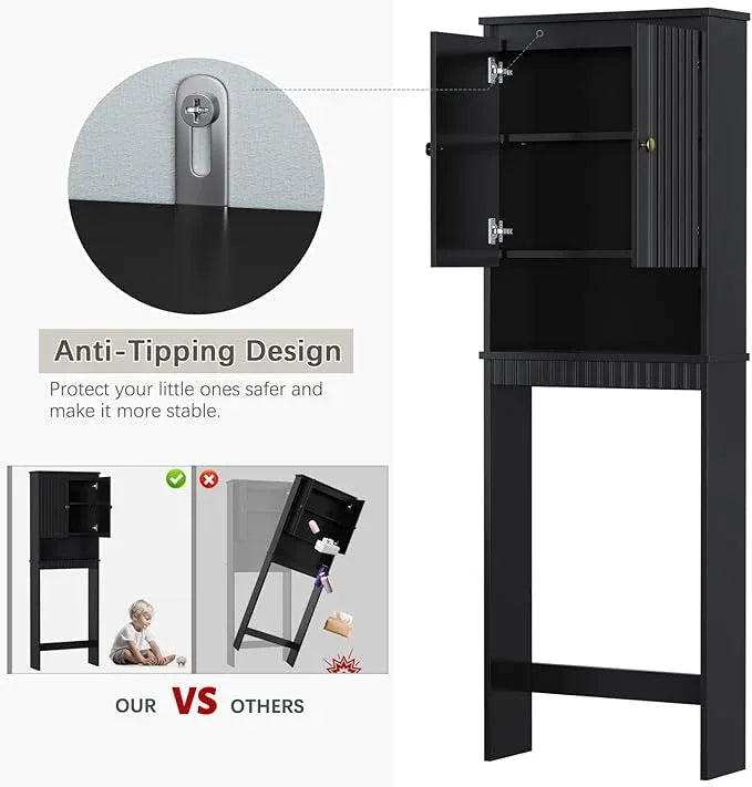 Over The Toilet Storage Cabinet, Over The Toilet Storage with Fluted Door Over The Toilet Cabinet with Adjustable Shelf Above The Toilet Storage Cabinet for Bathroom Organizer, Black - ModernBath