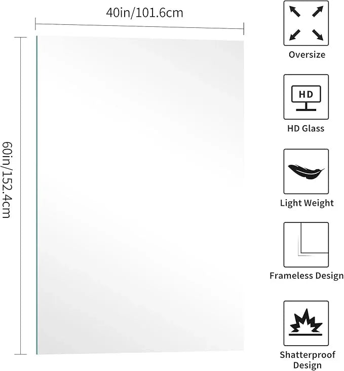 KOCUUY Frameless Mirror, 60"x40" Bathroom Mirror for Over Sink, Upgraded Shatterproof, Large Rectangle Unframed Mirror for Wall, Bathroom, Bedroom, Living Room, Entryway, Hang Horizontal/Vertical - ModernBath