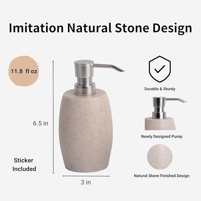 Clasin Home Sandstone Textured Resin Soap Dispenser with Metallic Pump and Waterproof Bottle Labels for Bathroom Kitchen Dish Hand Wash Shower Lotion Shampoo, 12 Oz, Beige - ModernBath